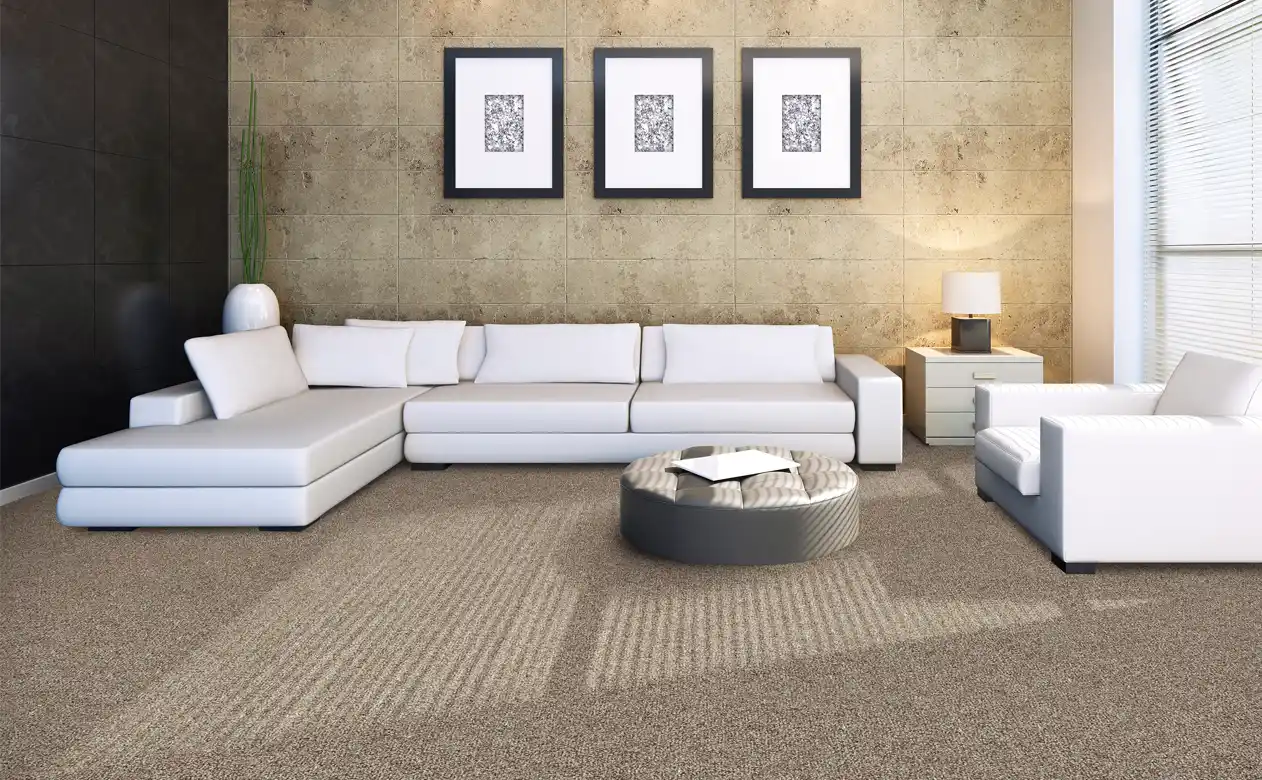Karastan beige textured carpet in living room