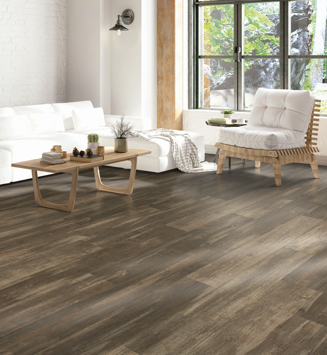 dark tone laminate wood look flooring in living room
